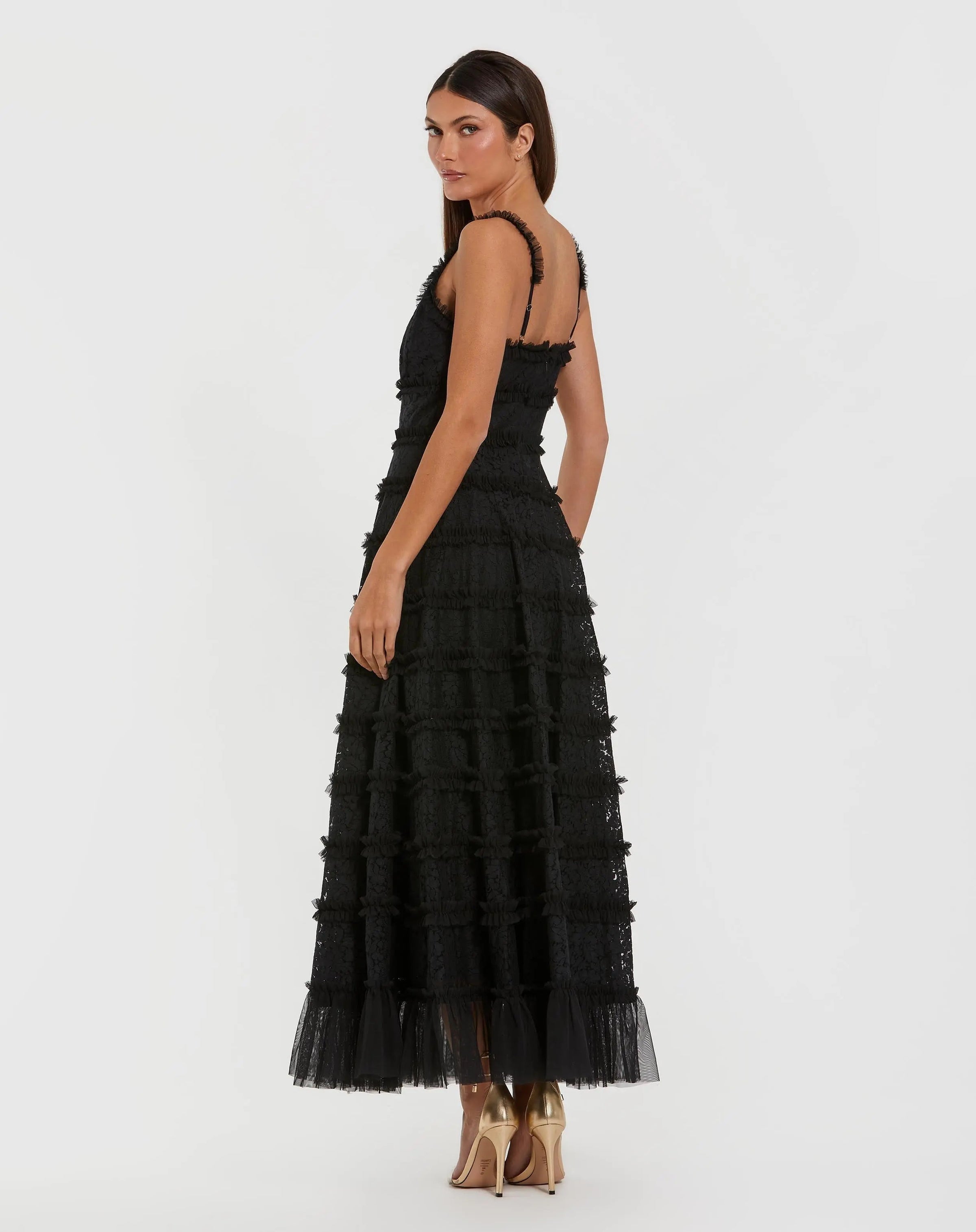 Mac Duggal #8372 black sleeveless lace a line midi dress with ruffles