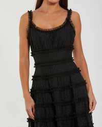 Mac Duggal #8372 black sleeveless lace a line midi dress with ruffles
