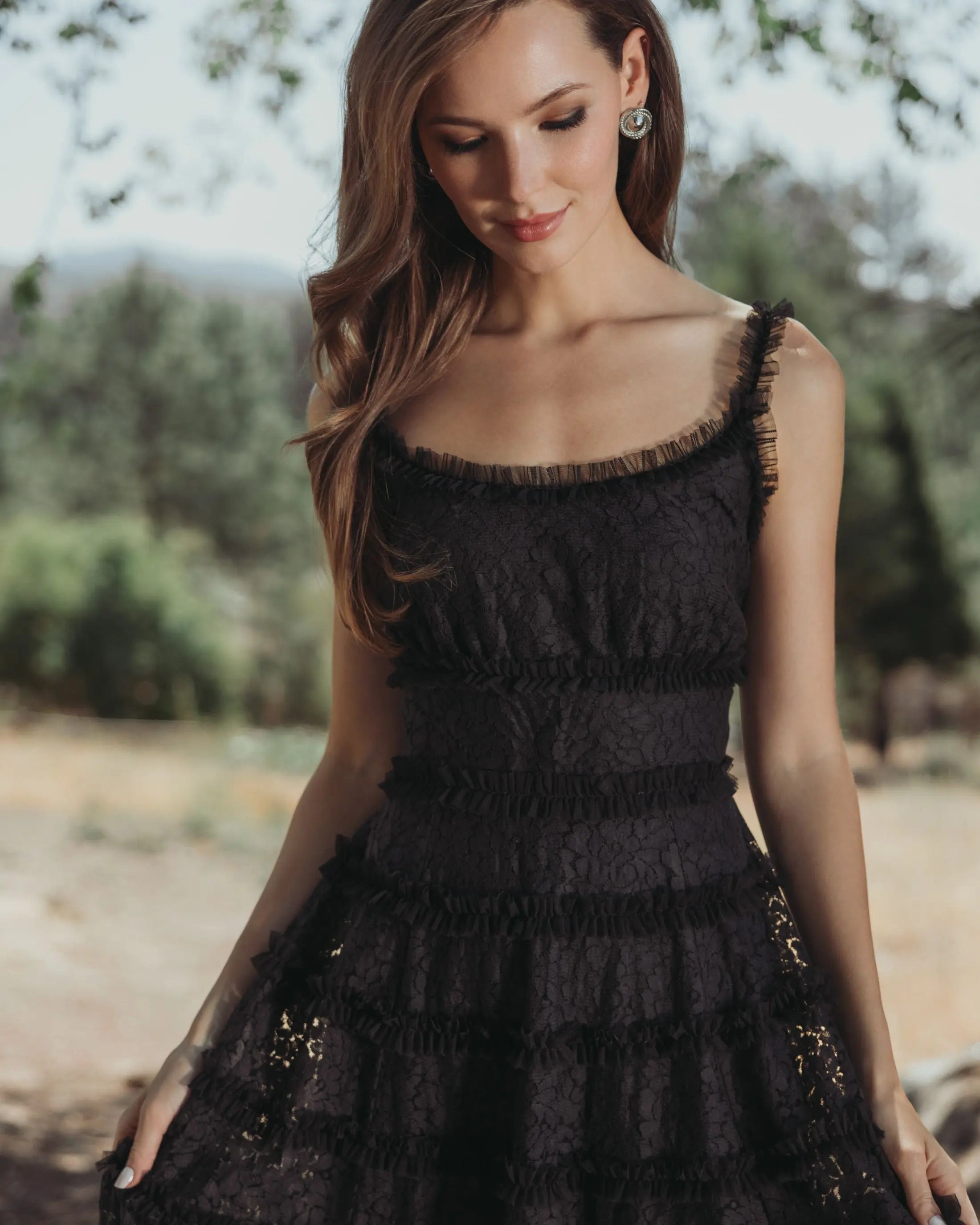 Mac Duggal #8372 black sleeveless lace a line midi dress with ruffles