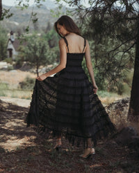Mac Duggal #8372 black sleeveless lace a line midi dress with ruffles