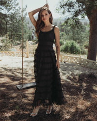 Mac Duggal #8372 black sleeveless lace a line midi dress with ruffles