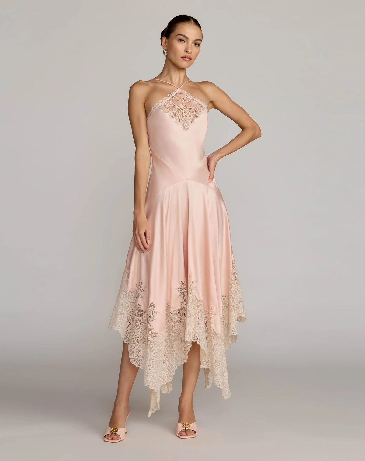 Mac Duggal Light Pink Lace Trim Handkerchief Midi Dress #8375 Ballet Slipper