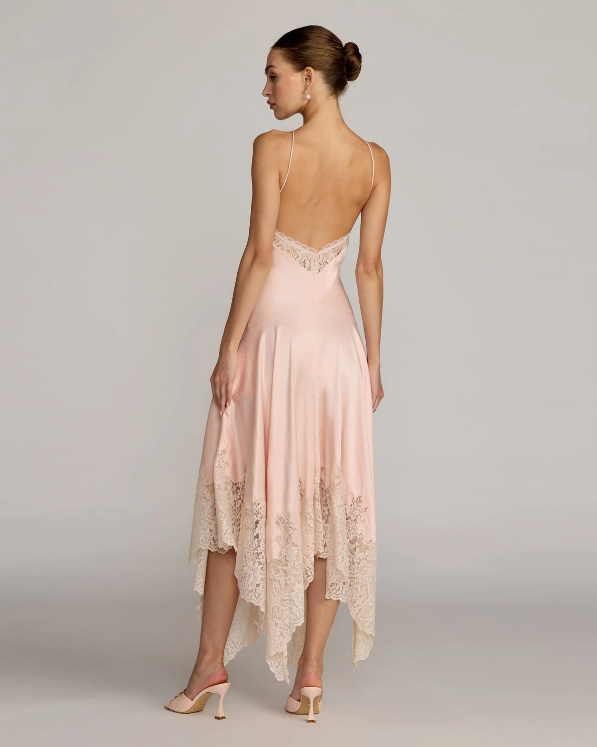 Mac Duggal Light Pink Lace Trim Handkerchief Midi Dress #8375 Ballet Slipper