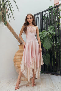 Mac Duggal Light Pink Lace Trim Handkerchief Midi Dress #8375 Ballet Slipper