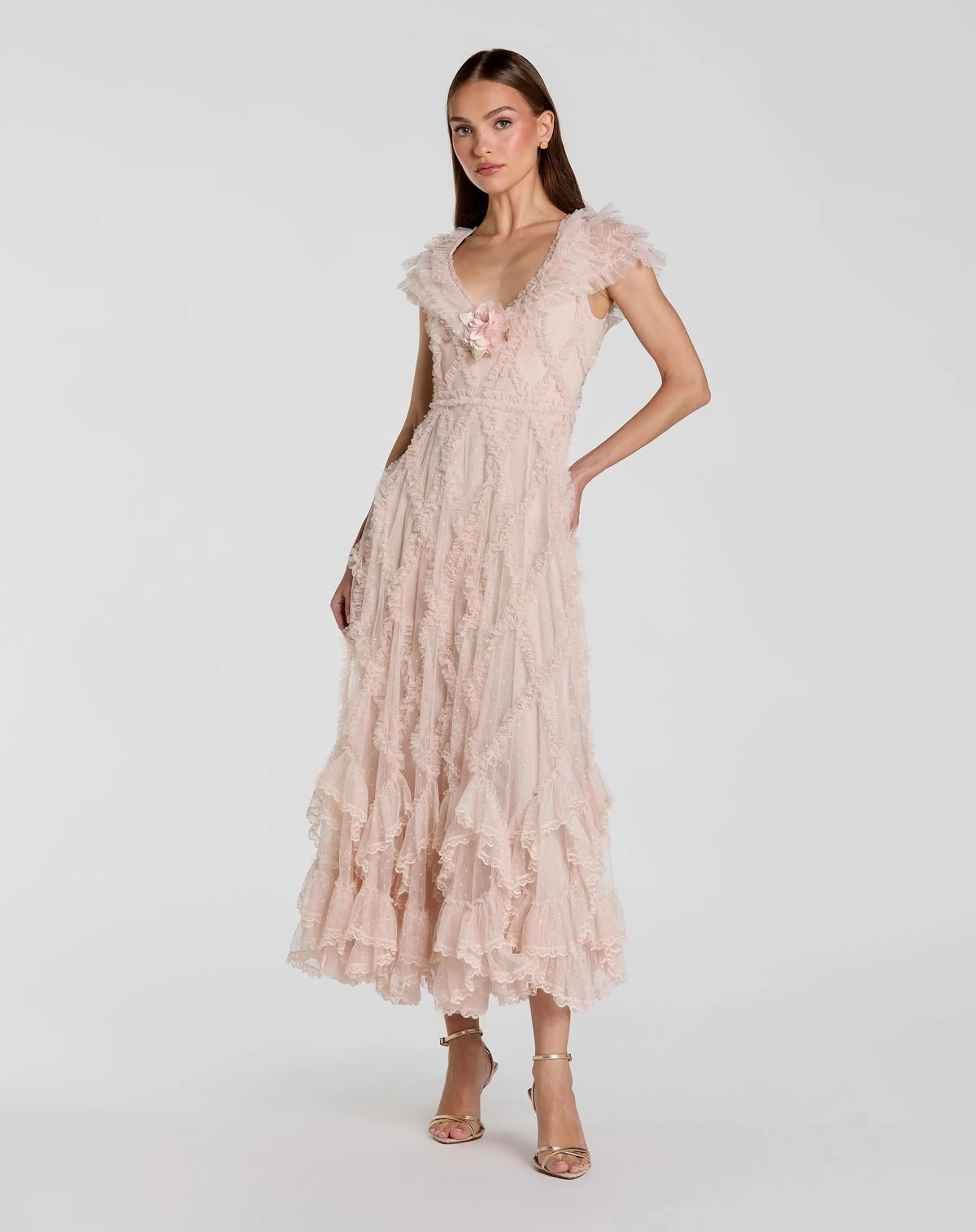 Mac Duggal #8382 pink micro ruffle cap sleeve A-line midi dress