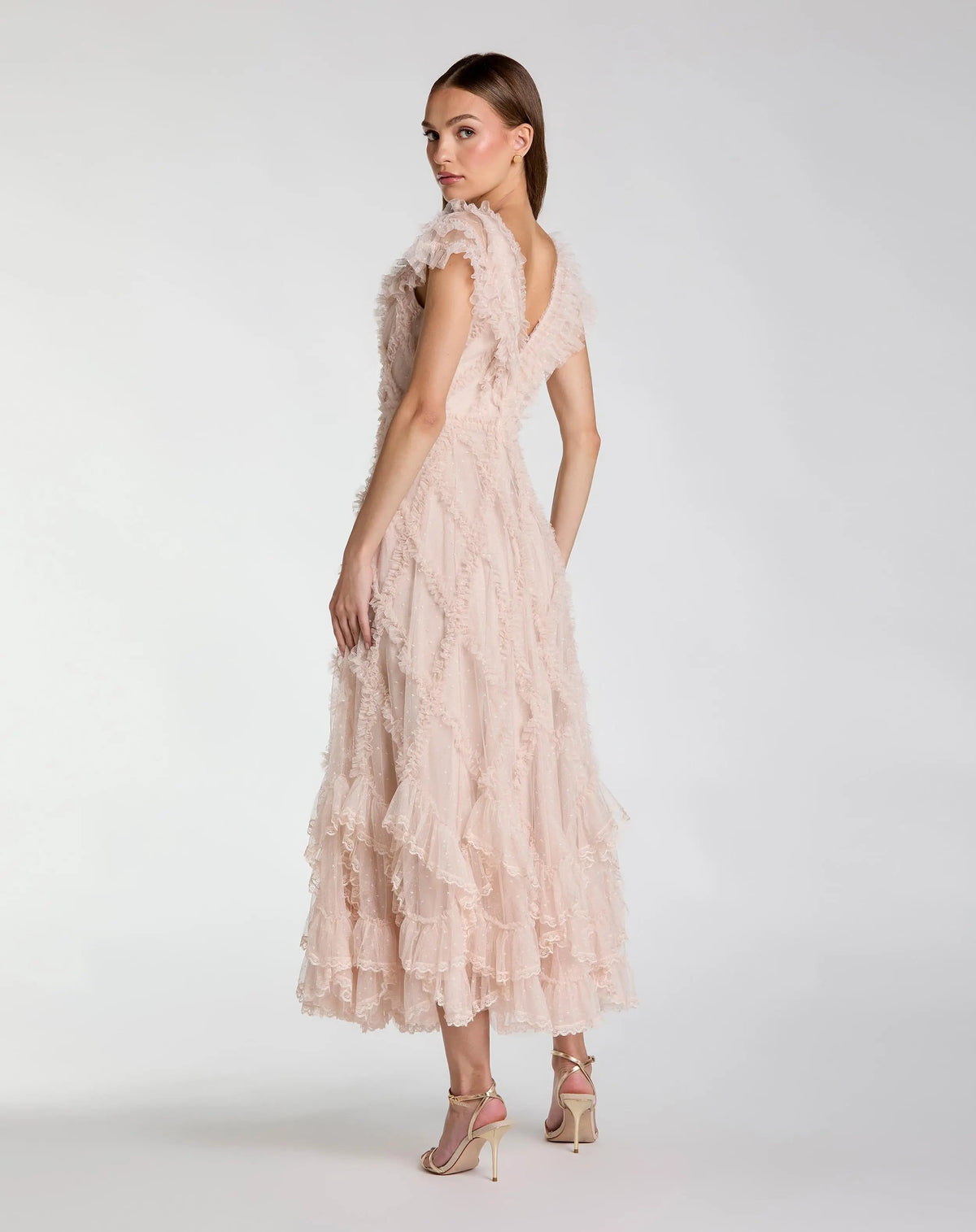 Mac Duggal #8382 pink micro ruffle cap sleeve A-line midi dress back