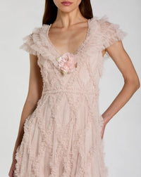 Mac Duggal #8382 pink micro ruffle cap sleeve A-line midi dress close-up