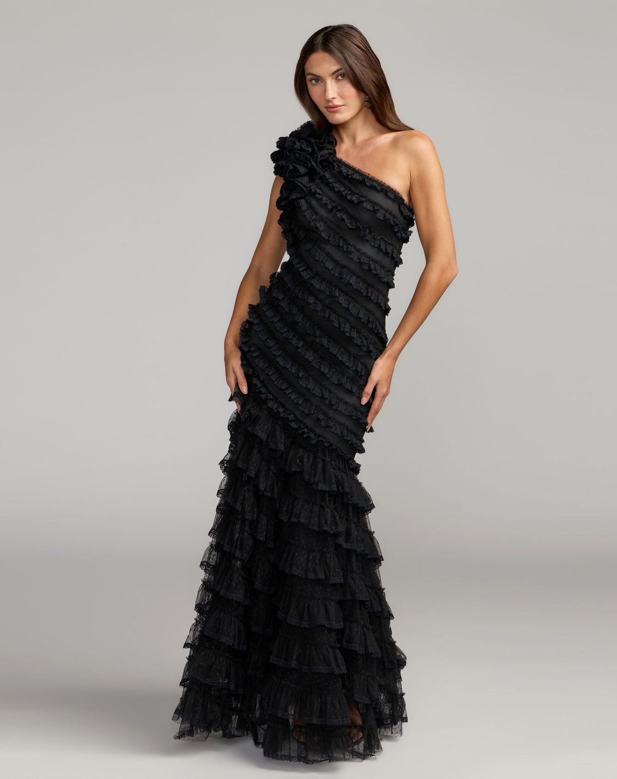 Mac Duggal #8383 black sleeveless one shoulder lace trim ruffle gown