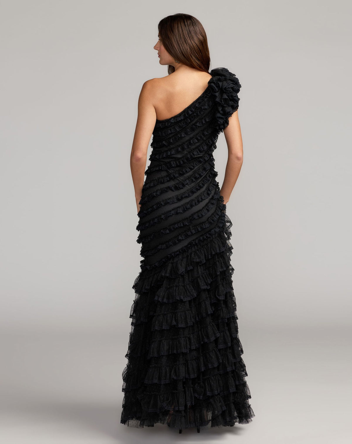 Mac Duggal #8383 black sleeveless one shoulder lace trim ruffle gown back view