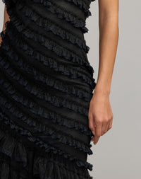 Mac Duggal #8383 black sleeveless one shoulder lace trim ruffle gown close-up