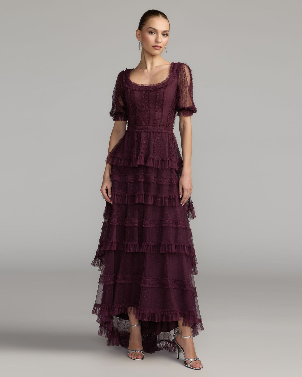 Mac Duggal #8387 amethyst tiered ruffle high-low gown