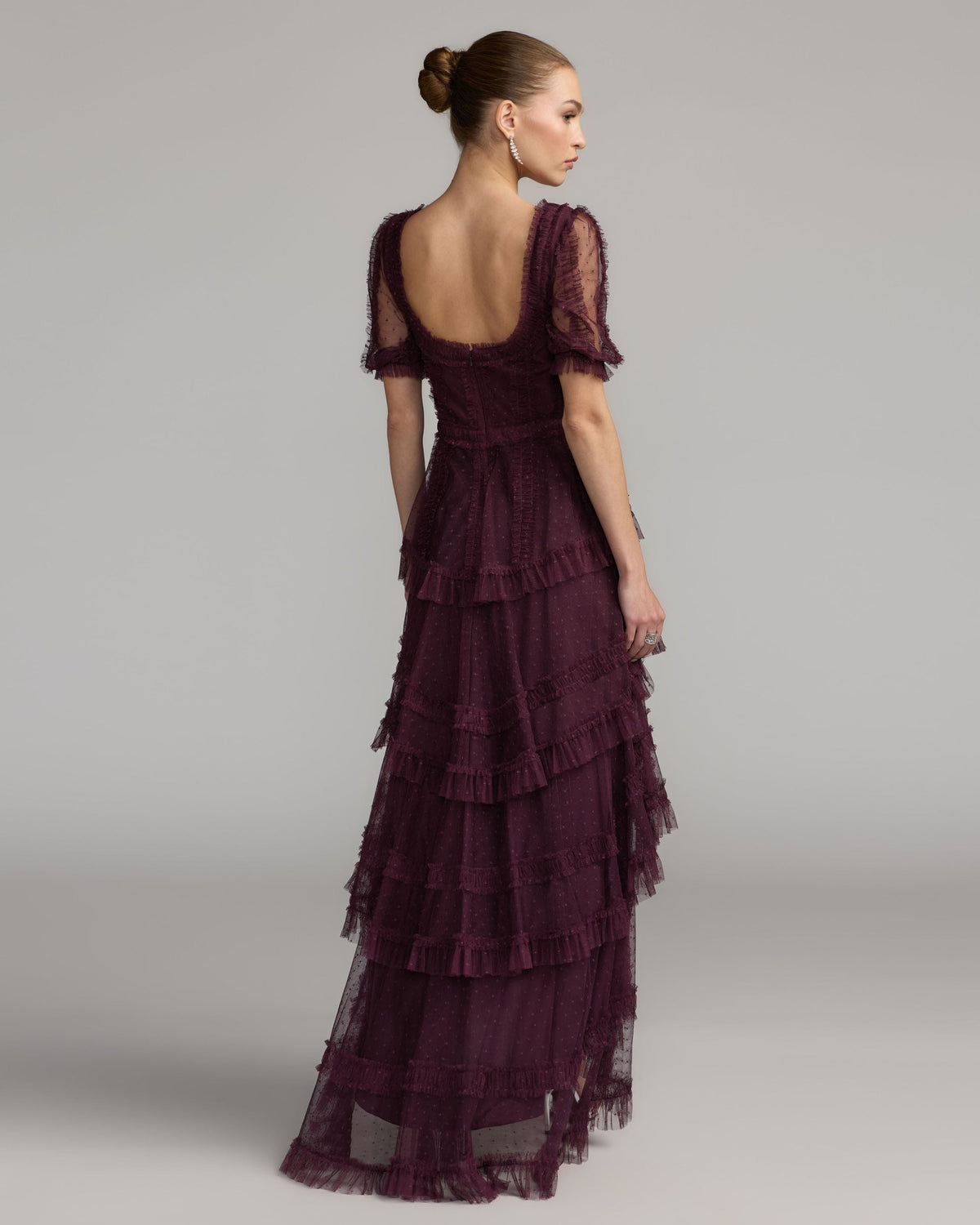 Mac Duggal #8387 amethyst tiered ruffle high-low gown back view