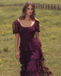 Mac Duggal #8387 amethyst tiered ruffle high-low gown lifestyle