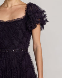 Mac Duggal #8391 Midnight tiered ruffle puff sleeve gown