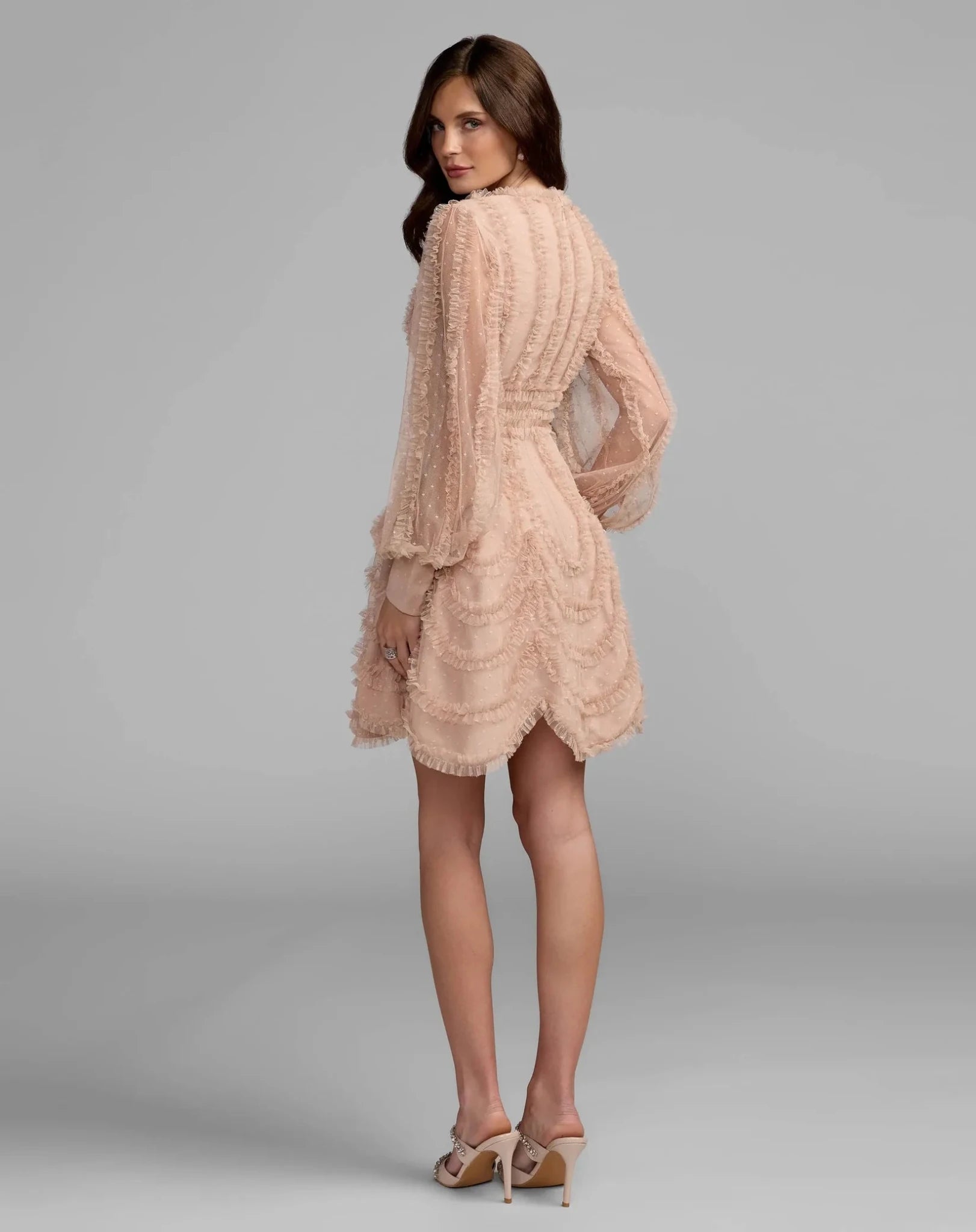Bisque Mesh Micro Ruffle Bishop Sleeve V Neck Mini Dress