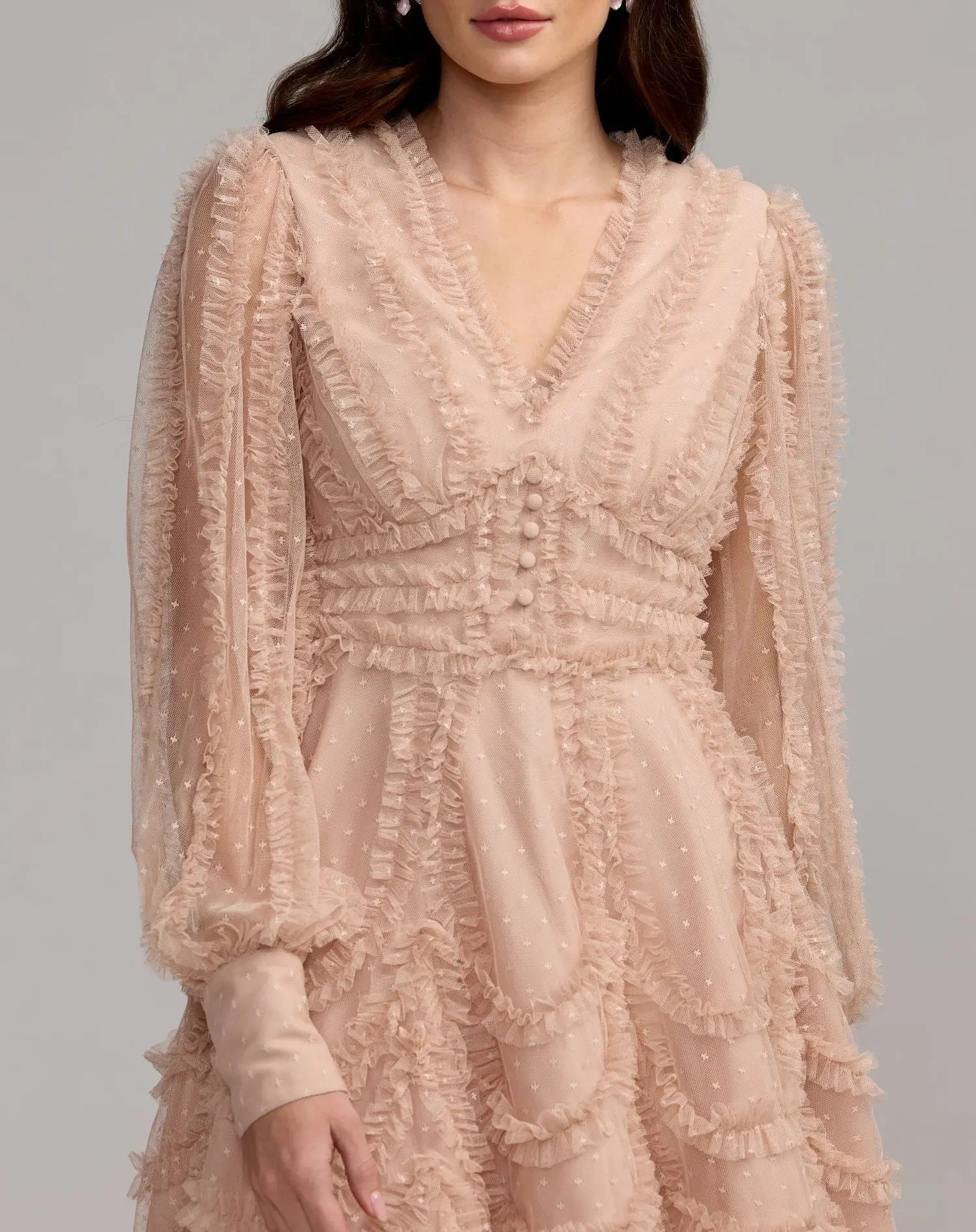 Bisque Mesh Micro Ruffle Bishop Sleeve V Neck Mini Dress