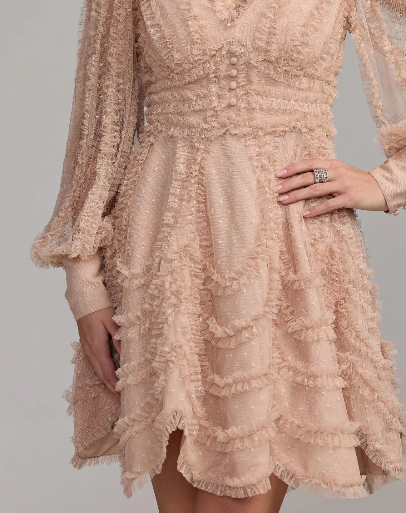 Bisque Mesh Micro Ruffle Bishop Sleeve V Neck Mini Dress
