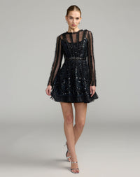 Mac Duggal #8398 black long sleeve sequin ruffle mini dress