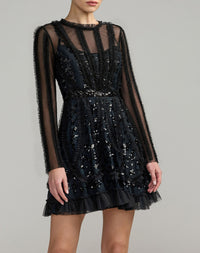 Mac Duggal #8398 black long sleeve sequin ruffle mini dress close-up
