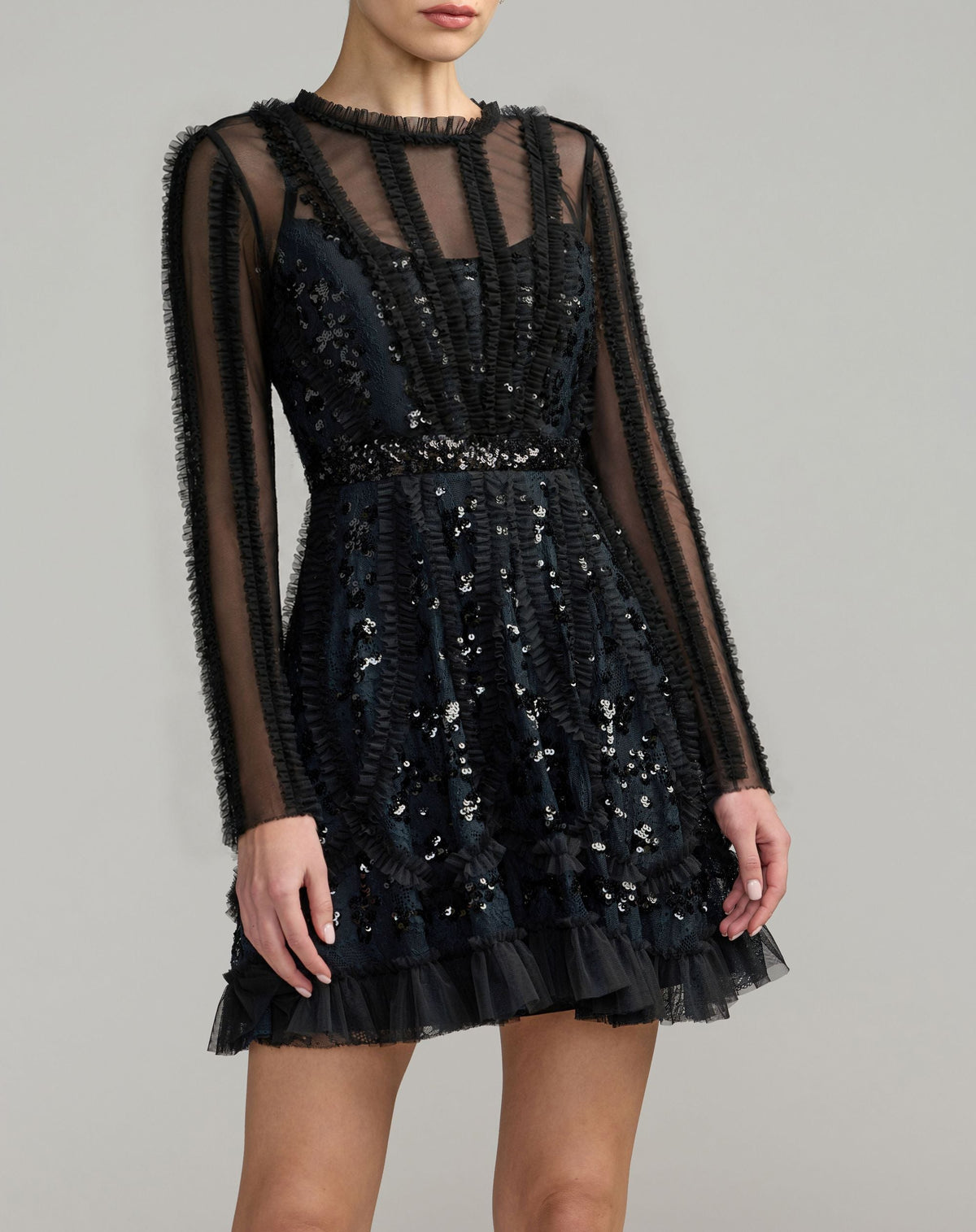 Mac Duggal #8398 black long sleeve sequin ruffle mini dress close-up