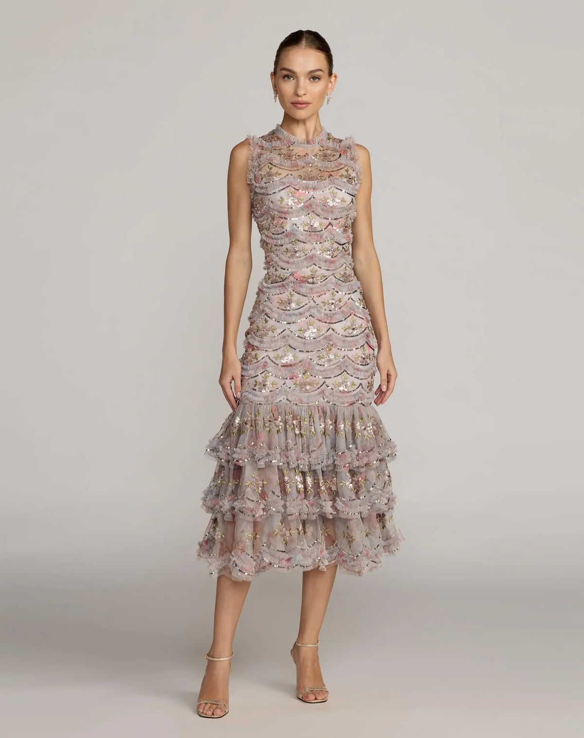 Mac Duggal Grey Floral Multicolor Sleeveless Sequin Tiered Ruffle Midi Dress #8412 