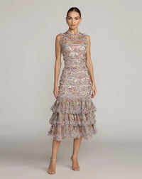Mac Duggal Grey Floral Multicolor Sleeveless Sequin Tiered Ruffle Midi Dress #8412 