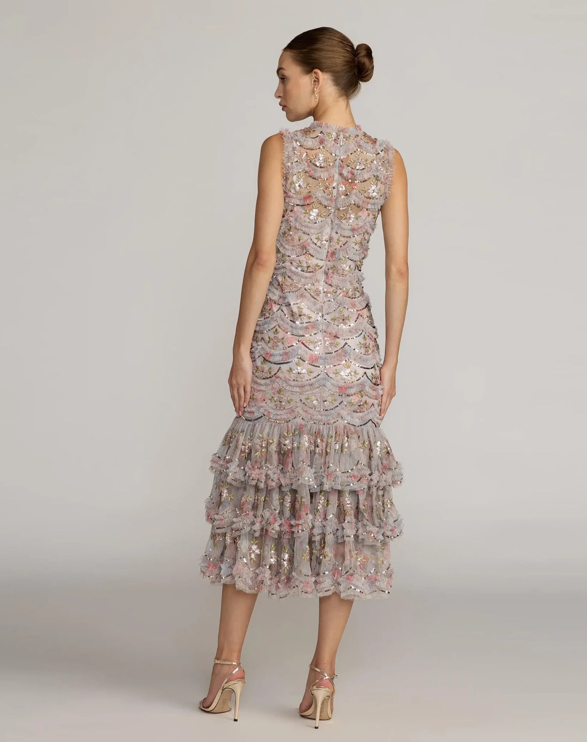 Mac Duggal Grey Floral Multicolor Sleeveless Sequin Tiered Ruffle Midi Dress #8412 
