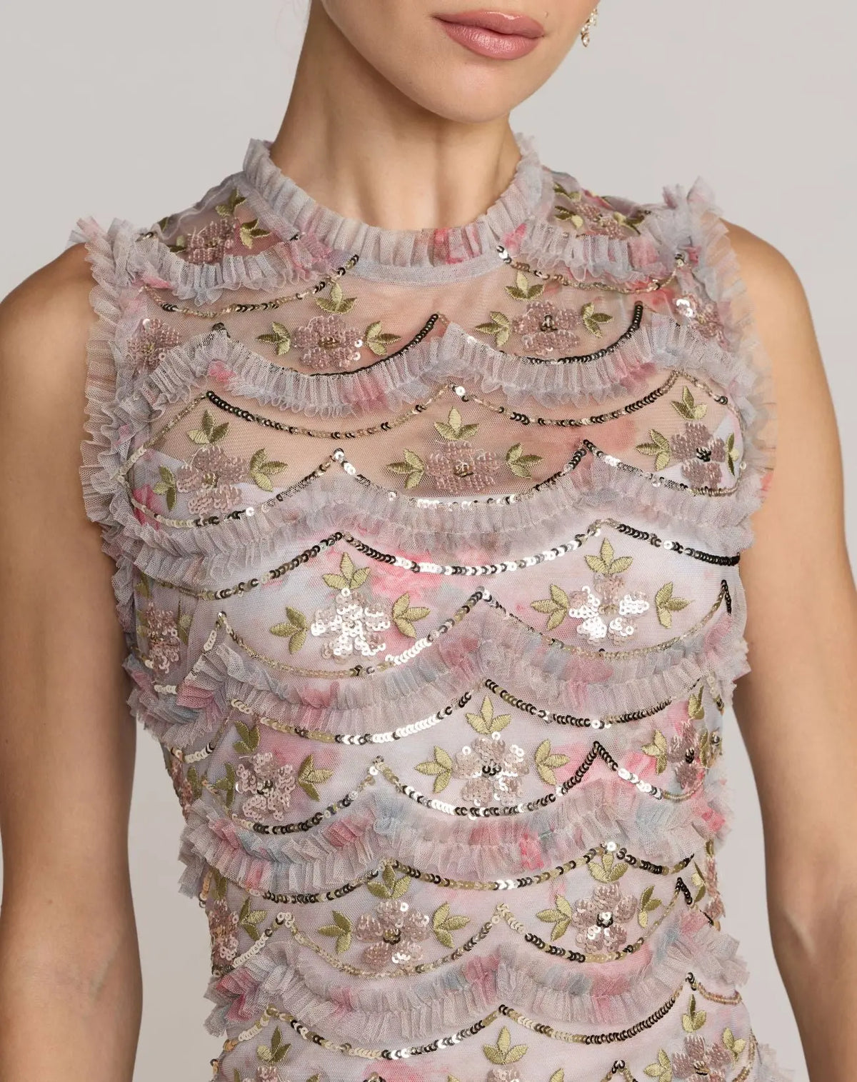 Mac Duggal Grey Floral Multicolor Sleeveless Sequin Tiered Ruffle Midi Dress #8412 