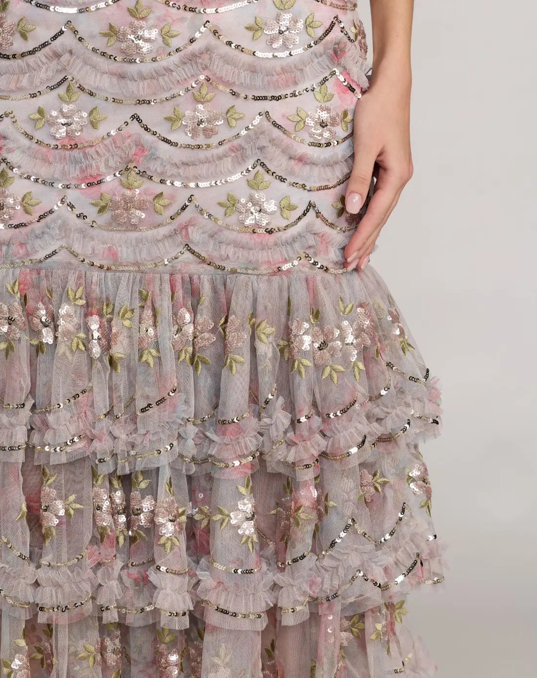 Mac Duggal Grey Floral Multicolor Sleeveless Sequin Tiered Ruffle Midi Dress #8412 
