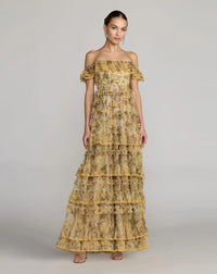 Mac Duggal Buttercream Printed Off The Shoulder Ruffle A Line Gown #8418