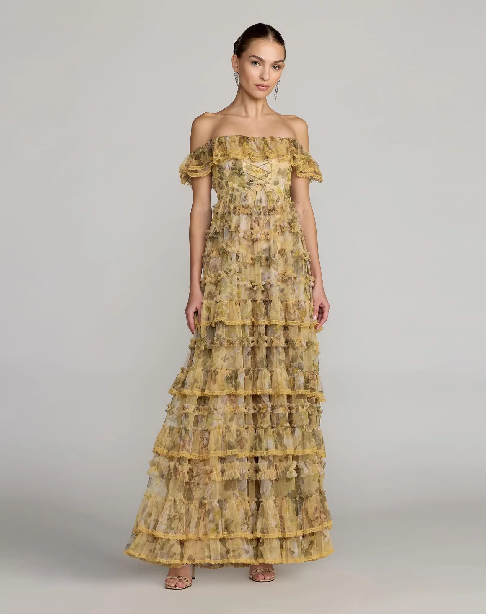 Mac Duggal Buttercream Printed Off The Shoulder Ruffle A Line Gown #8418