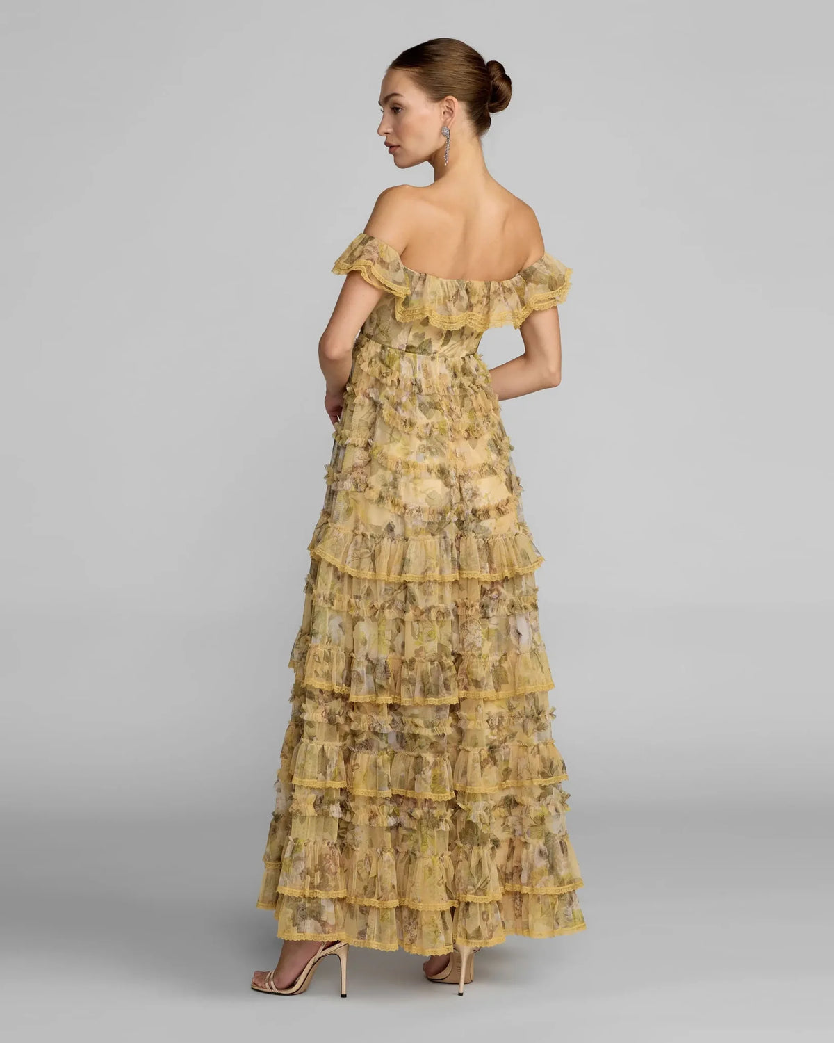 Mac Duggal Buttercream Printed Off The Shoulder Ruffle A Line Gown #8418