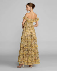 Mac Duggal Buttercream Printed Off The Shoulder Ruffle A Line Gown #8418