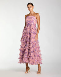 Mac Duggal Pink Floral Ruffle Tiered Strapless Midi Dress Orchid Multi #8420