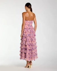 Mac Duggal Pink Floral Ruffle Tiered Strapless Midi Dress Orchid Multi #8420