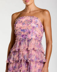 Mac Duggal Pink Floral Ruffle Tiered Strapless Midi Dress Orchid Multi #8420