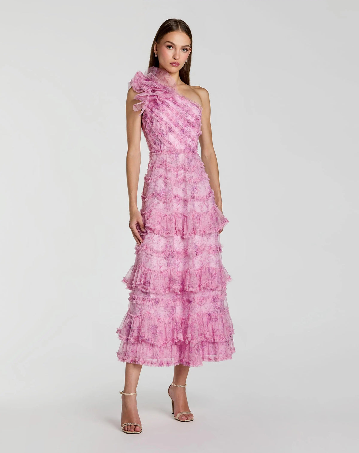 Mac Duggal #8422 Printed Mesh One Shoulder Ruffle A Line Midi Dress Pastel Multi