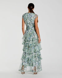 studio shot back view of model wearing Mac Duggal Blue Floral V Neck Tiered Ruffle Maxi Dress #8423