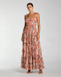 Mac Duggal Cream Multi Floral Sleeveless Micro Ruffle ALine Gown #8424