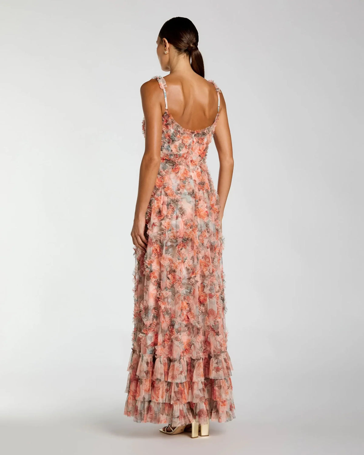 Mac Duggal Cream Multi Floral Sleeveless Micro Ruffle ALine Gown #8424