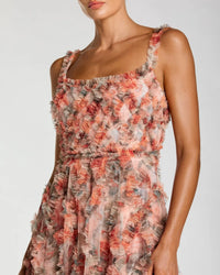 Mac Duggal Cream Multi Floral Sleeveless Micro Ruffle ALine Gown #8424