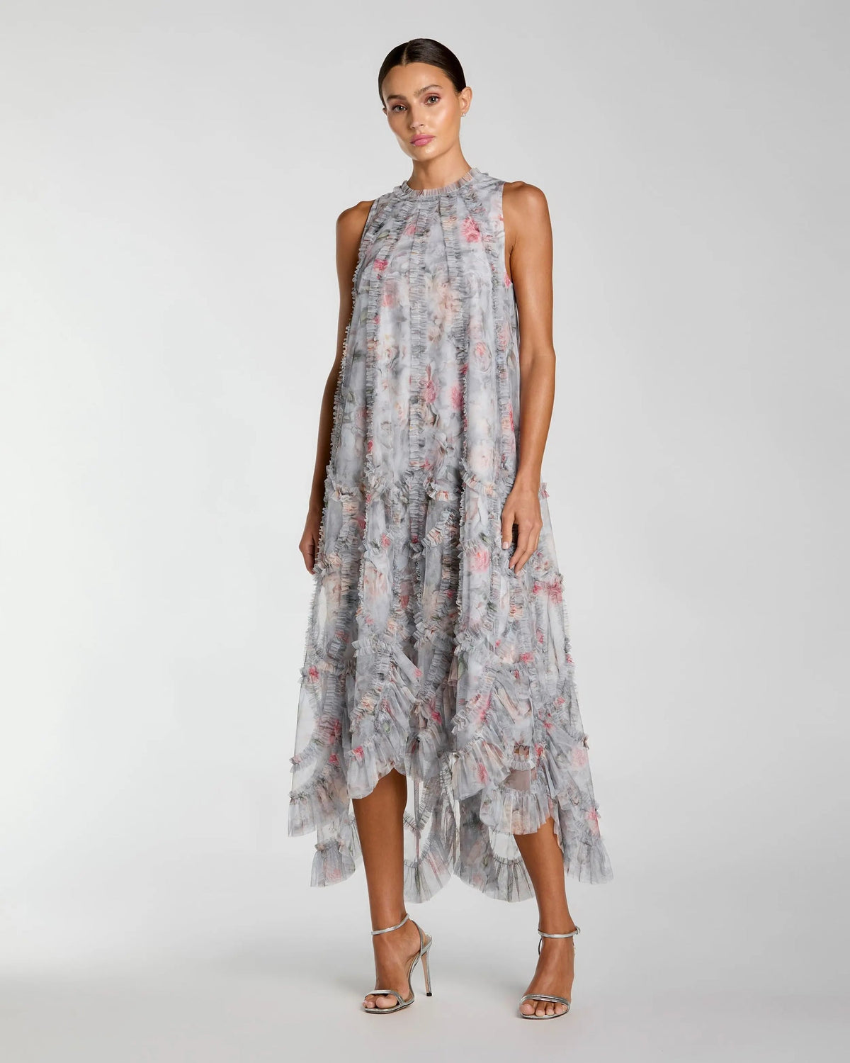 Mac Duggal Gray Floral Ruffle High Neck Midi Dress #8430