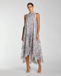 Mac Duggal Gray Floral Ruffle High Neck Midi Dress #8430