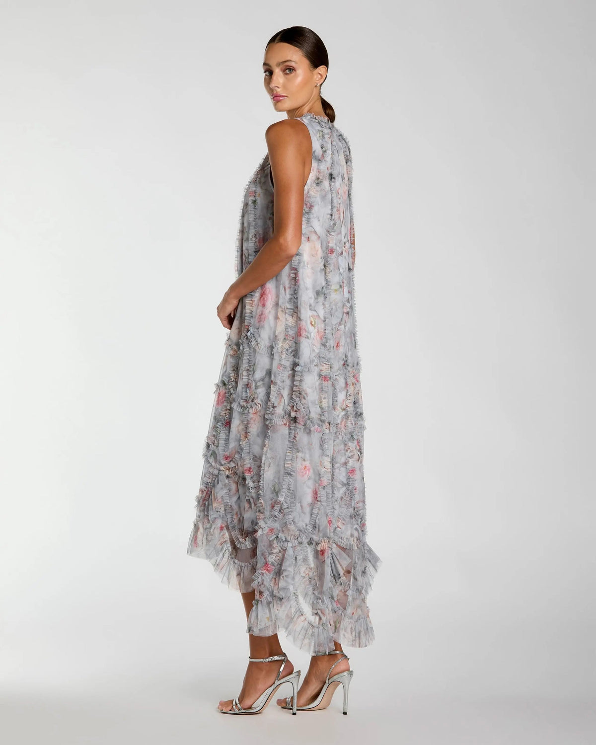 model wearing Mac Duggal Gray Floral Ruffle High Neck Midi Dress #8430