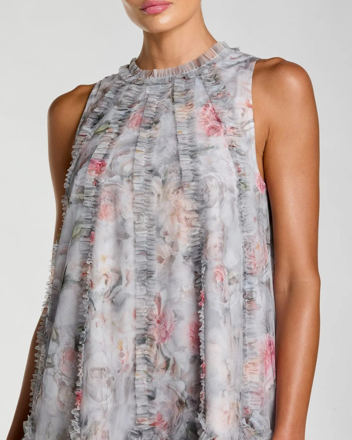 close up of model wearing Mac Duggal Gray Floral Ruffle High Neck Midi Dress #8430