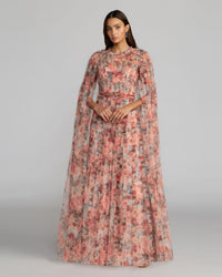 Floral High Neck Cape Sleeve Ruffle Gown
