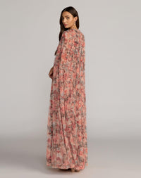 Floral High Neck Cape Sleeve Ruffle Gown