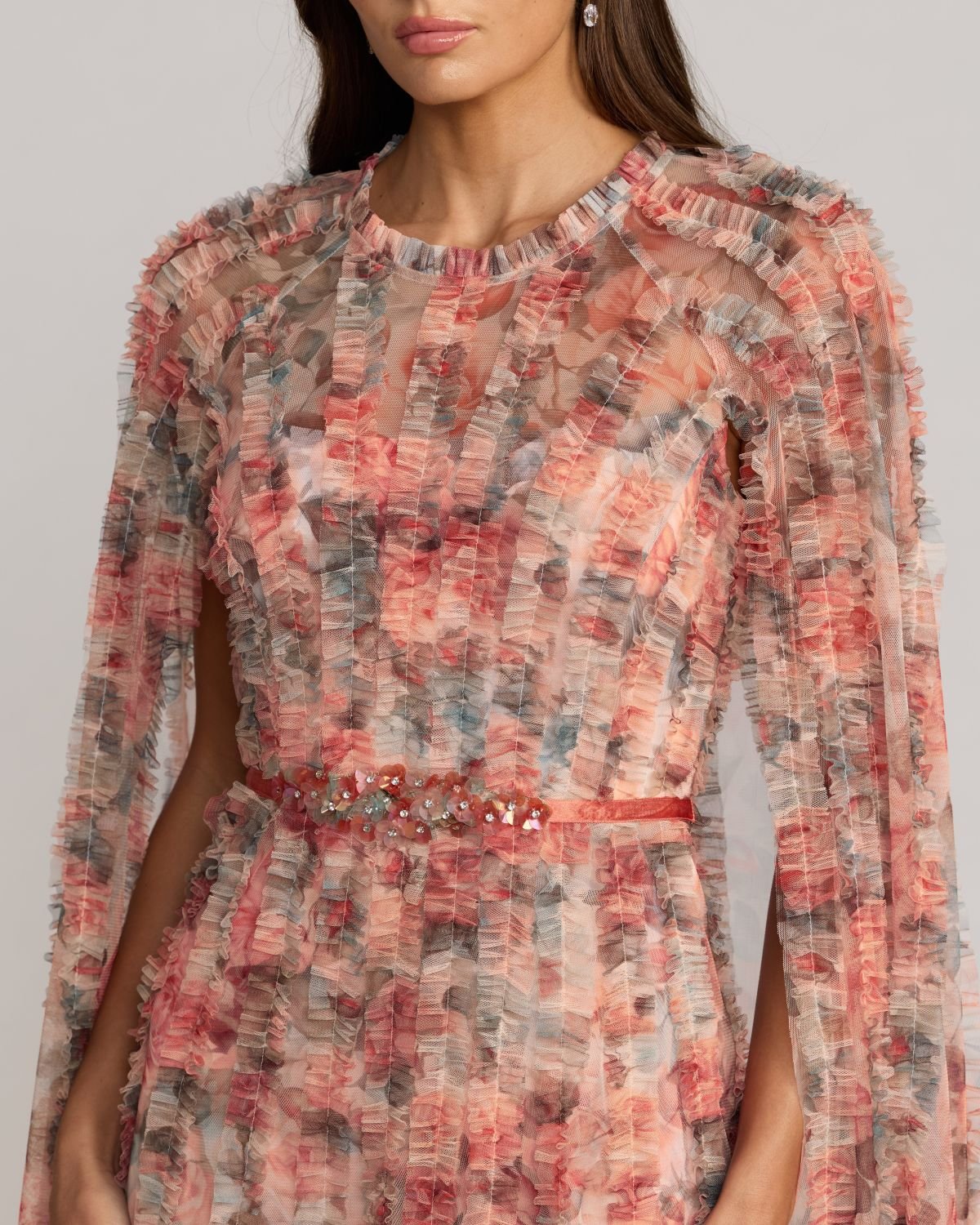 Floral High Neck Cape Sleeve Ruffle Gown