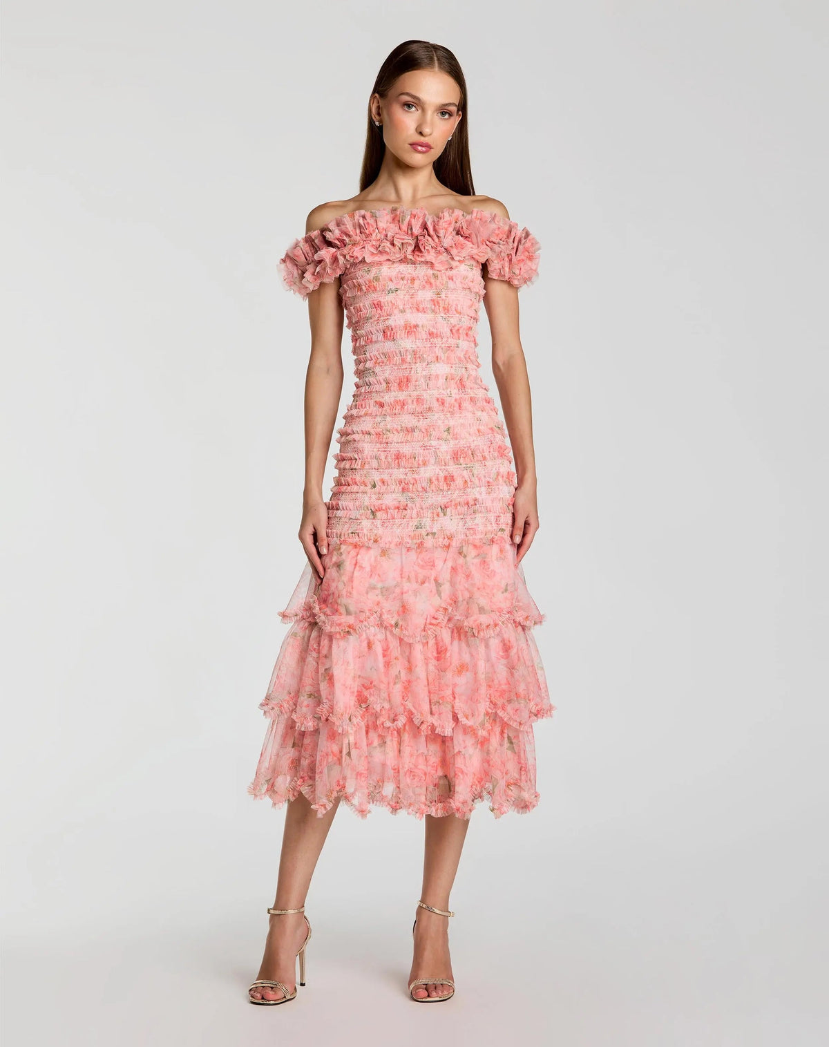 Mac Duggal Style 8432 Blush Multi floral printed mesh midi dress front view