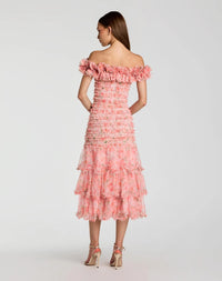 Back view of model wearing Mac Duggal 8432 pink ruffle midi dress